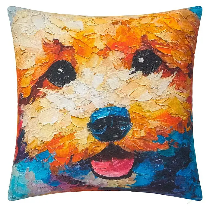 Cojín Caniche - 45 x 45 cm, Textil, Multicolor, Cuadrado - Cojín cuadrado con una pintura impresionista y colorida de un perro, que aporta un toque artístico a cualquier habitación.