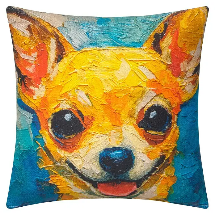 Cojín Chihuahua - 45 x 45 cm, Textil, Multicolor, Cuadrado - Cojín decorativo con un retrato abstracto y colorido de un chihuahua. Los colores vibrantes y el estilo único lo hacen destacar.