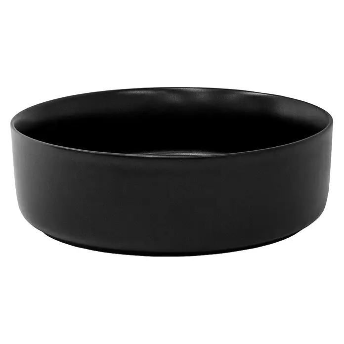 LuxeBath Aufsatzwaschbecken Aufsatzwaschtisch Handwaschbecken inkl. Ablaufgarnitur ohne Überlauf - Ohne Spezialglasur, Schwarz - Nahaufnahme einer runden, mattschwarzen Schale, die modernes Design und schlichte Eleganz für Tischdeko und Küchenutensilien vereint.
