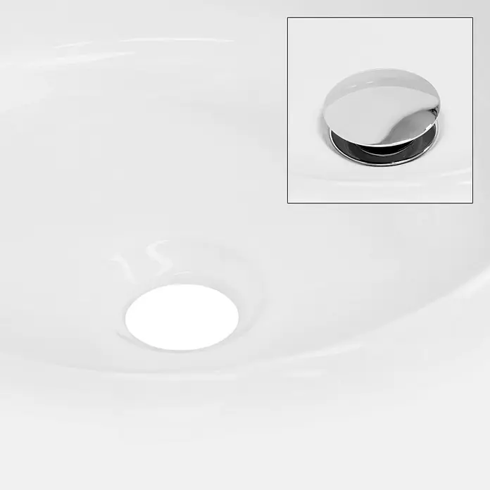 LuxeBath Aufsatzwaschbecken Aufsatzwaschtisch Spülbecken inkl. Ablaufgarnitur ohne Überlauf Becken - Ohne Spezialglasur, Weiß, Silber - Waschbeckenabfluss mit einem polierten Chromstopfen im verchromten Stil. Ein glänzender, zeitgemäßer Akzent für jedes Badezimmer.