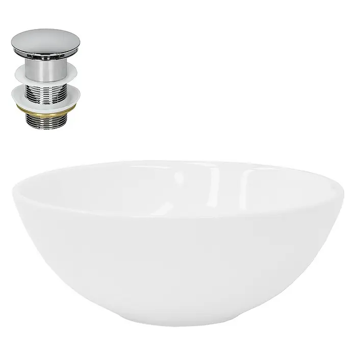 LuxeBath Aufsatzwaschbecken Aufsatzwaschtisch Spülbecken inkl. Ablaufgarnitur ohne Überlauf Becken - Ohne Spezialglasur, Weiß, Silber - Das Bild zeigt ein rundes, weißes Waschbecken und einen glänzenden, silberfarbenen Ablaufstöpsel. Perfekt für moderne Badezimmerdesigns.