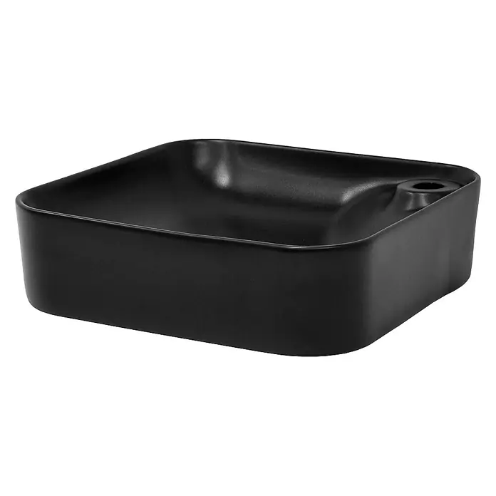 LuxeBath Aufsatzwaschbecken Waschtisch aus Keramik für Badezimmer / Gäste-WC - Ohne Spezialglasur, Schwarz - Schwarzes, quadratisches Waschbecken aus Keramik mit einem mittigen Abflussloch für Badezimmer oder Gästetoilette.