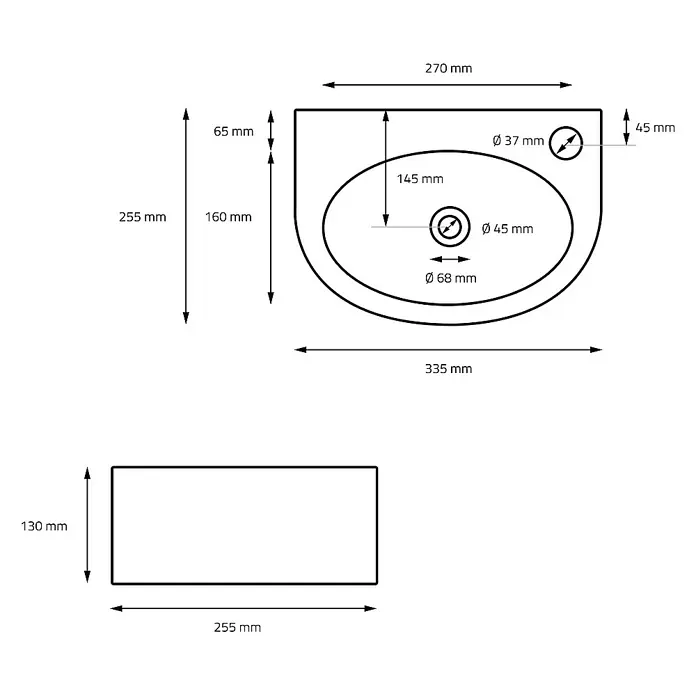 LuxeBath Aufsatzwaschbecken Waschtisch aus Keramik für Badezimmer / Gäste-WC - 25,5 x 33,5 cm, Ohne Spezialglasur, Schwarz, Silber - Technische Zeichnung eines Waschbeckens mit detaillierten Maßangaben, inklusive Aufsicht und Seitenansicht.