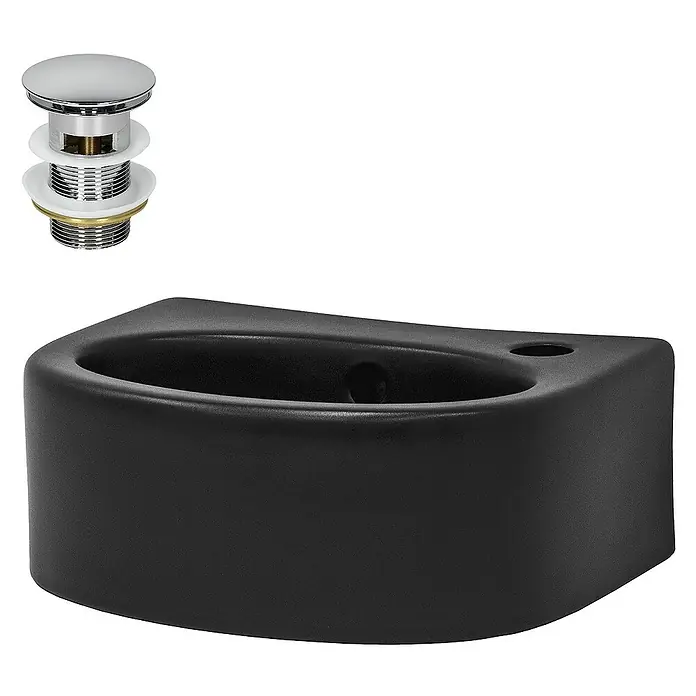 LuxeBath Aufsatzwaschbecken Waschtisch aus Keramik für Badezimmer / Gäste-WC - 25,5 x 33,5 cm, Ohne Spezialglasur, Schwarz, Silber - Schwarzes Aufsatzwaschbecken mit chromfarbenem Pop-Up-Ablaufventil für moderne Badezimmerdesigns.