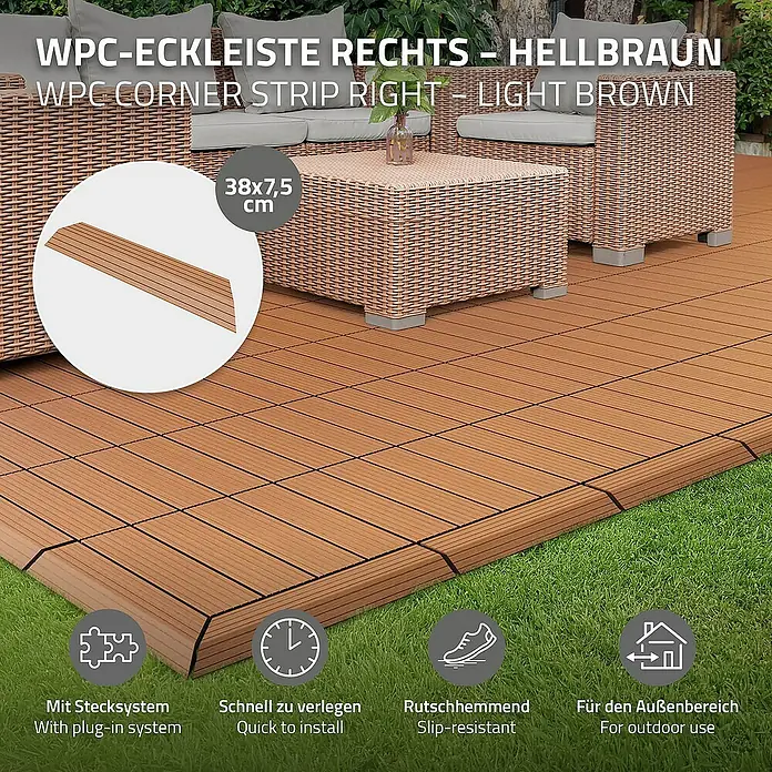 ML-Design Terrassenfliese - 7,5 cm x 38 cm x 20 mm, Hellbraun - Bild einer hellbraunen WPC-Eckleiste für den Außenbereich mit Stecksystem, rutschhemmend und schneller Verlegung.