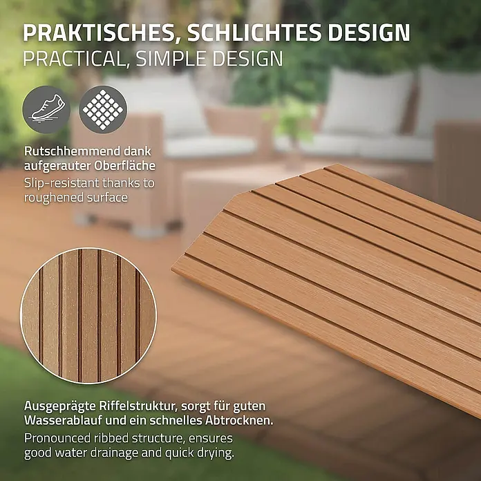 ML-Design Terrassenfliese - 7,5 cm x 38 cm x 20 mm, Hellbraun - Praktisches, schlichtes Design mit rutschhemmender Oberfläche und ausgeprägter Riffelstruktur für guten Wasserablauf und schnelles Trocknen.