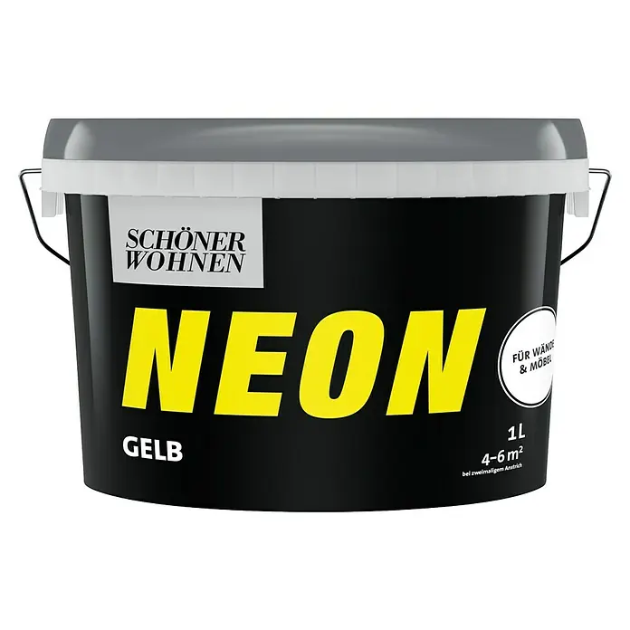 SCHÖNER WOHNEN-Farbe Wandfarbe Neonfarbe - Gelb, Seidenmatt, 1 l - Nahaufnahme einer Dose "Schöner Wohnen Neon Gelb" Wandfarbe. Die Farbe ist für Wände und Möbel geeignet, Inhalt 1 Liter, Reichweite 4-6 m².
