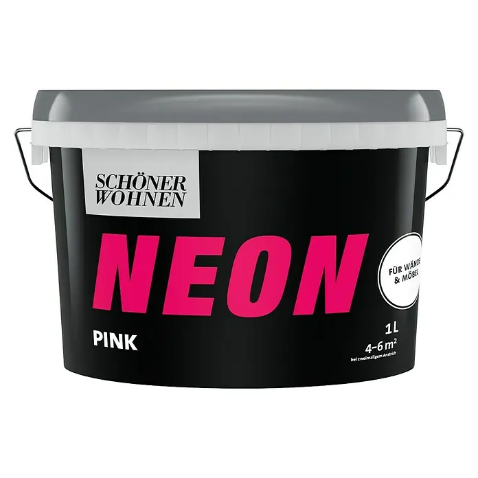 SCHÖNER WOHNEN-Farbe Wandfarbe Neonfarbe - Pink, Seidenmatt, 1 l - Eimer mit Neon Pink Farbe von Schöner Wohnen, geeignet für Wände und Möbel. Inhalt: 1 Liter, Reichweite: 4-6 m² bei zweimaligem Anstrich.