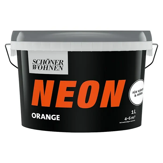 SCHÖNER WOHNEN-Farbe Wandfarbe Neonfarbe - Orange, Seidenmatt, 1 l - Schwarzer Eimer mit Neon-Orange Farbe von Schöner Wohnen, ideal für Wände und Möbel. 1 Liter, deckt 4-6 m² bei zweimaligem Anstrich.