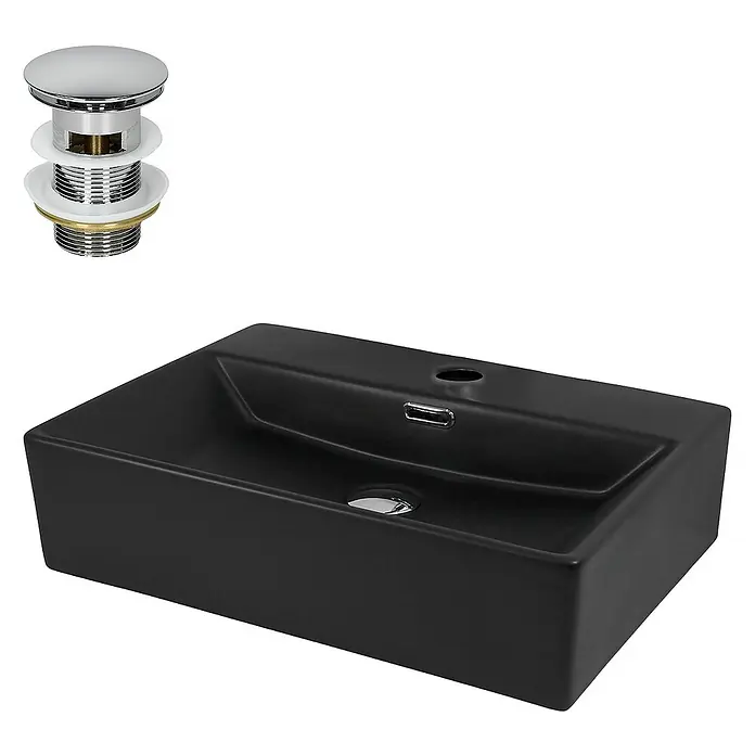 LuxeBath Aufsatzwaschbecken Handwaschbecken Schwarz inkl. Ablaufgarnitur mit Überlauf - Ohne Spezialglasur, Schwarz, Silber - Schwarzes Aufsatzwaschbecken mit glänzendem Ablaufstopfen für moderne Badezimmer mit minimalistischem Design.