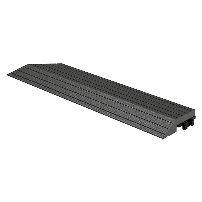 ML-Design Terrassenfliese - 7,5 cm x 38 cm x 20 mm, Anthrazit - Bild einer grauen, gerillten Türrampe zur leichteren Überwindung von Schwellen. Ideal für Rollstühle und Gehhilfen.