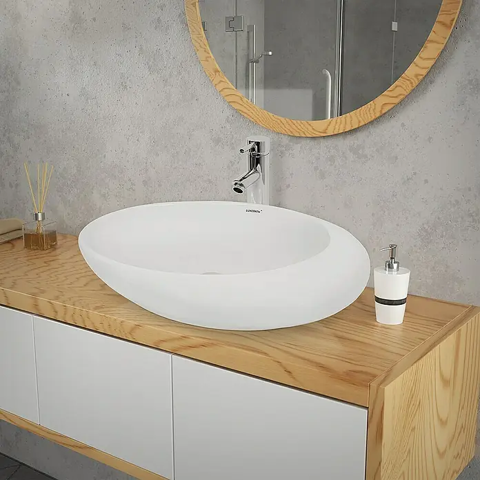 LuxeBath Aufsatzwaschbecken Aufsatzwaschtisch Weiß inkl. Ablaufgarnitur ohne Überlauf Waschschale - Ohne Spezialglasur, Weiß - Elegantes, ovales Aufsatzwaschbecken in Weiß mit moderner Armatur und Spender, ideal für stilvolle Badezimmer.