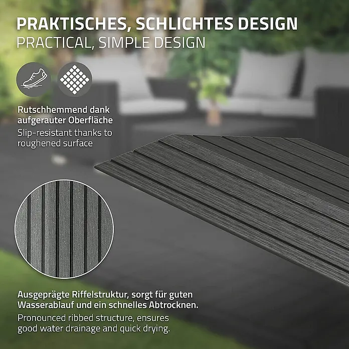 ML-Design Terrassenfliese - 7,5 cm x 38 cm x 20 mm, Anthrazit - Bild einer Terrassendiele mit rutschhemmender, geriffelter Oberfläche für guten Wasserablauf und schnelles Trocknen.
