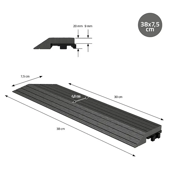 ML-Design Terrassenfliese - 7,5 cm x 38 cm x 20 mm, Anthrazit - Bild einer grauen 38x7,5 cm großen Übergangsschiene mit Maßangaben für Länge, Breite und Höhe.