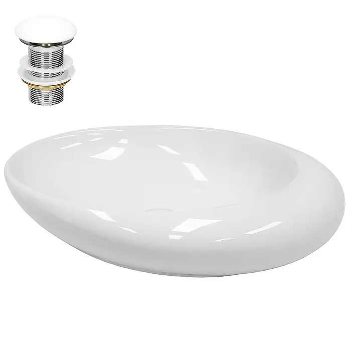 LuxeBath Aufsatzwaschbecken Aufsatzwaschtisch Weiß inkl. Ablaufgarnitur ohne Überlauf Waschschale - Ohne Spezialglasur, Weiß - Ein ovales, glänzend weißes Waschbecken mit einem dazu passenden Ablaufventil. Ideal für moderne Badezimmerdesigns.