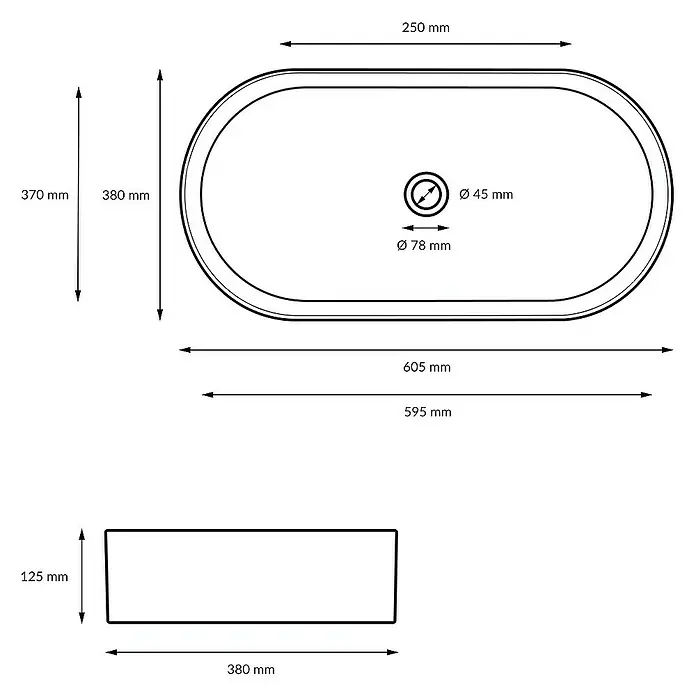 LuxeBath Aufsatzwaschbecken Oval 605x380x125 mm Ablaufgarnitur Weiß - Ohne Spezialglasur, Weiß - Technische Zeichnung eines länglichen Waschbeckens mit Abmessungen in Millimetern.