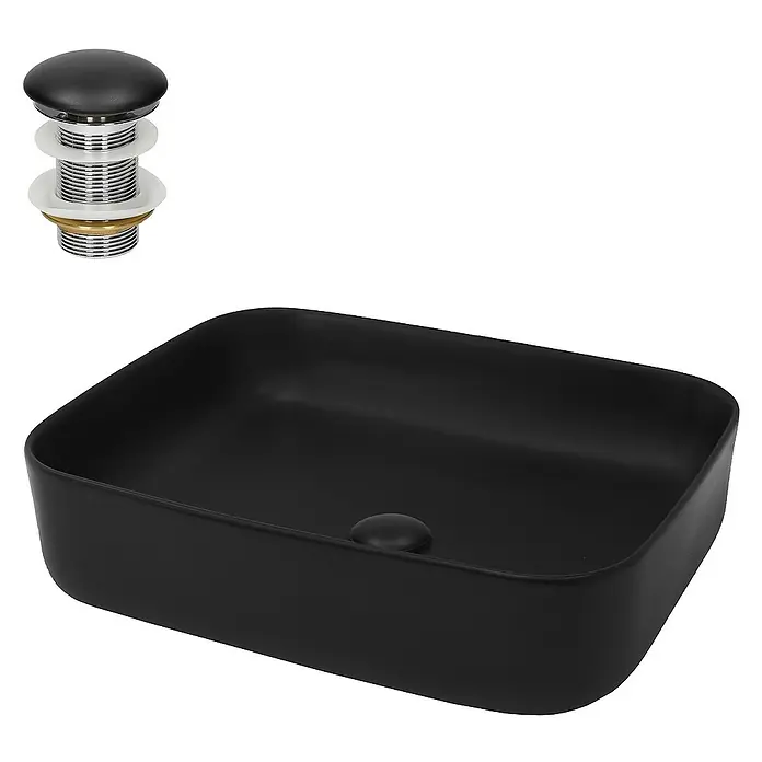 LuxeBath Aufsatzwaschbecken Handwaschbecken Schwarz inkl. Ablaufgarnitur ohne Überlauf - Ohne Spezialglasur, Schwarz - Schwarzes Aufsatzwaschbecken mit passendem Ablaufventil, modern und stilvoll für jedes Badezimmer.