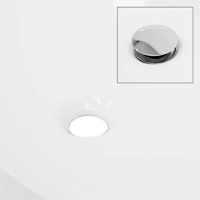 LuxeBath Aufsatzwaschbecken Handwaschbecken Waschplatz Rund für Badezimmer und für Gäste-WC - Ohne Spezialglasur, Weiß - Bild einer Waschbeckenablaufgarnitur in Chromoptik, mit einer separaten Darstellung des Ablaufs offen und geschlossen.
