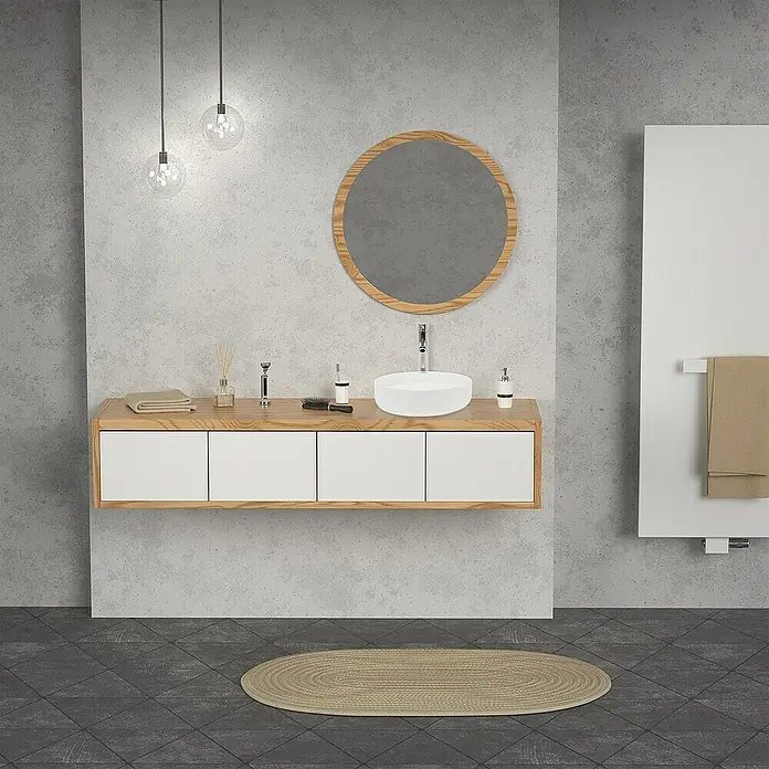 LuxeBath Aufsatzwaschbecken Handwaschbecken Waschplatz Rund für Badezimmer und für Gäste-WC - Ohne Spezialglasur, Weiß - Badezimmer-Interieur mit modernem Waschtisch, rundem Spiegel und stilvoller Beleuchtung, das ein elegantes Ambiente schafft.
