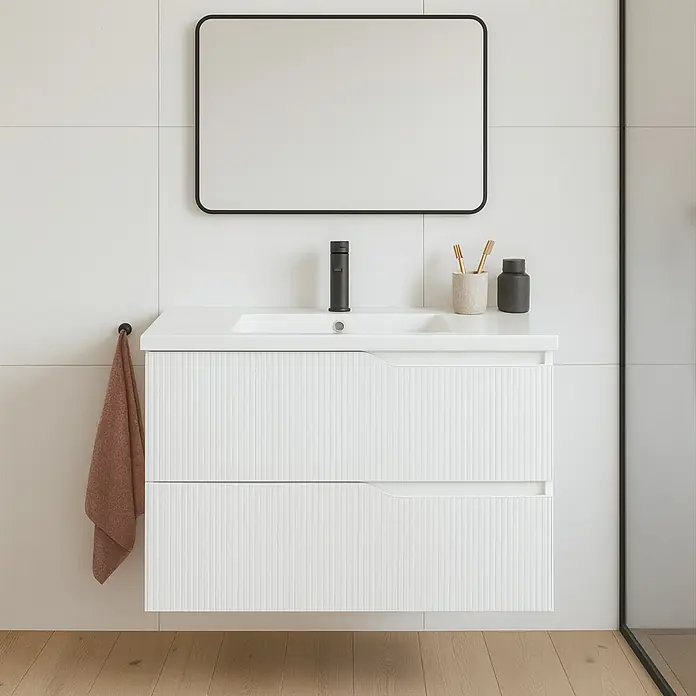 Futurbath Mueble de lavabo Marina - L x An x Al: 45 x 80 x 55 cm, Blanco, Melamina - Un moderno mueble de baño con cajones acanalados, grifo negro y espejo elegante que combina elegancia y funcionalidad.