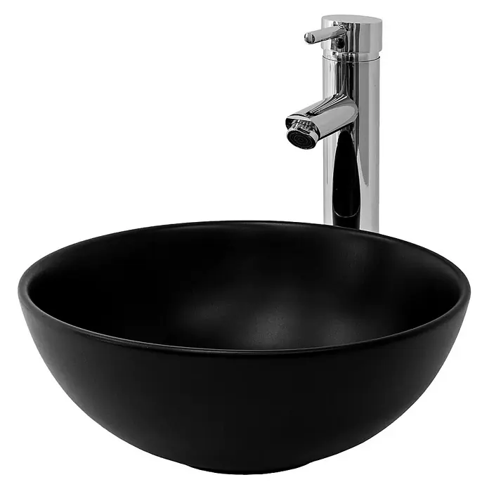 LuxeBath Aufsatzwaschbecken aus Keramik Waschtisch für Badezimmer und Gäste-WC - Ohne Spezialglasur, Schwarz - Elegantes schwarzes Waschbecken mit modernem Chrom-Wasserhahn. Stilvolle Badgestaltung für ein zeitgemäßes Ambiente.
