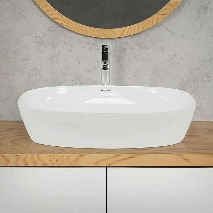 LuxeBath Aufsatzwaschbecken Aufsatzwaschtisch Waschschale Oval Weiß Spülbecken - Ohne Spezialglasur, Weiß - Elegantes Waschbecken aus Keramik. Das ovale Aufsatzwaschbecken mit Armatur verleiht jedem Badezimmer einen modernen Look.