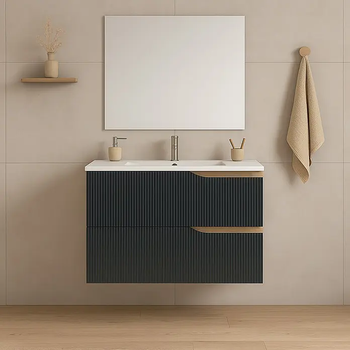 Futurbath Mueble de lavabo Marina - L x An x Al: 45 x 100 x 55 cm, Negro, Melamina - Mueble de baño con lavabo, espejo y toallero para un diseño moderno y elegante.