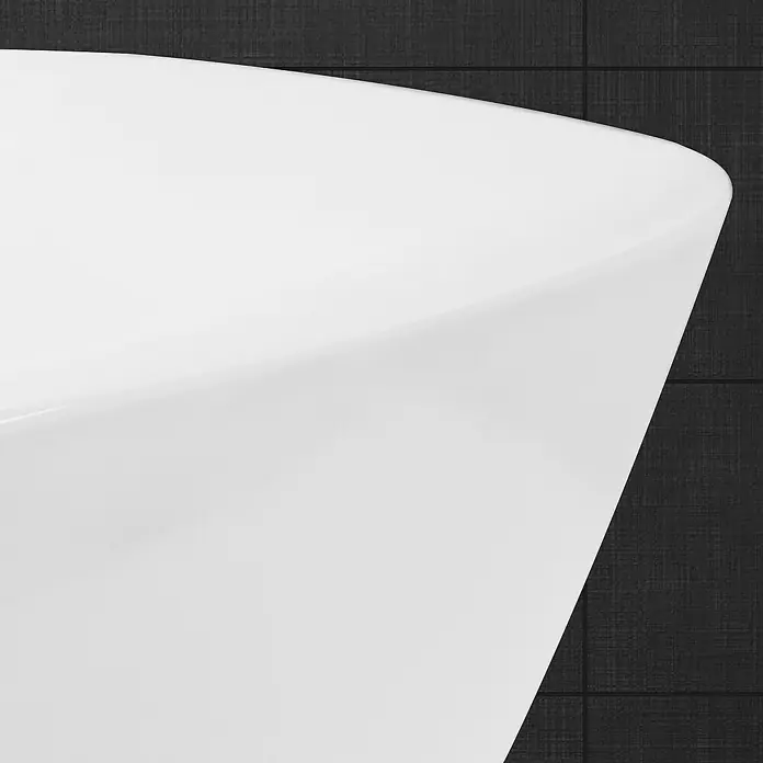 LuxeBath Aufsatzwaschbecken Aufsatzwaschtisch Waschschale Oval Weiß Spülbecken - Ohne Spezialglasur, Weiß - Nahaufnahme einer eleganten, weißen Badewanne mit einer glatten Oberfläche vor einem dunklen, texturierten Hintergrund.