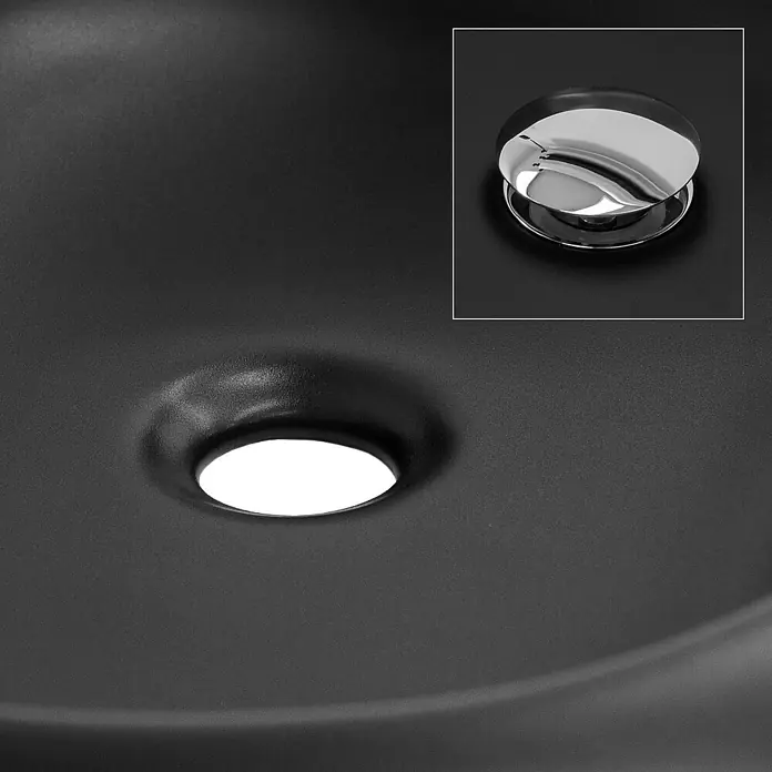 LuxeBath Aufsatzwaschbecken Handwaschbecken Schwarz inkl. Ablaufgarnitur ohne Überlauf - Ohne Spezialglasur, Schwarz, Silber - Nahaufnahme eines eleganten, mattschwarzen Waschbeckens mit einem glänzenden Chromablaufstopfen.