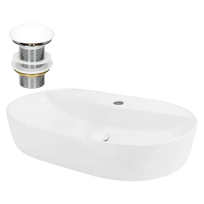 LuxeBath Aufsatzwaschbecken Handwaschbecken Weiß inkl. Ablaufgarnitur ohne Überlauf - Ohne Spezialglasur, Weiß - Ein Waschbecken mit Überlauf und einem Pop-Up-Ablaufventil. Elegantes Design für moderne Badezimmer. Praktisch und stilvoll.