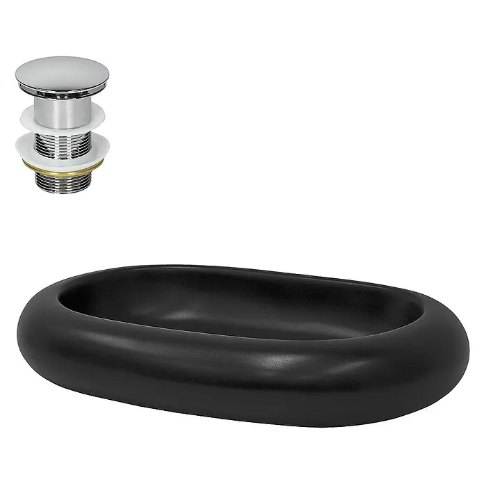LuxeBath Aufsatzwaschbecken Handwaschbecken Schwarz inkl. Ablaufgarnitur ohne Überlauf - Ohne Spezialglasur, Schwarz, Silber - Schwarzes Waschbecken mit Pop-up-Ablaufgarnitur. Eine elegante Kombination für moderne Badezimmer mit hochwertiger Verarbeitung.