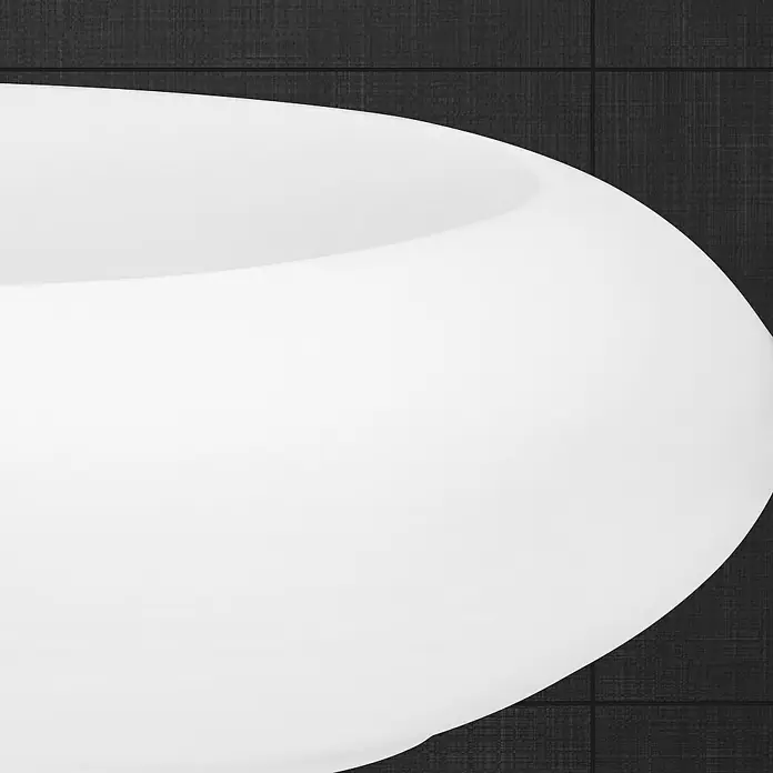LuxeBath Aufsatzwaschbecken Waschschale Oval Weiß Spülbecken Aufsatzwaschtisch - Ohne Spezialglasur, Weiß - Nahaufnahme einer modernen, weißen Badewanne vor einem dunklen, strukturierten Hintergrund. Stilvolles Baddesign.