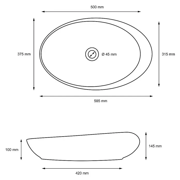 LuxeBath Aufsatzwaschbecken Waschschale Oval Weiß Spülbecken Aufsatzwaschtisch - Ohne Spezialglasur, Weiß - Schemazeichnung eines ovalen Aufsatzwaschbeckens mit Maßangaben zu Länge, Breite, Höhe und Durchmesser des Abflusses.