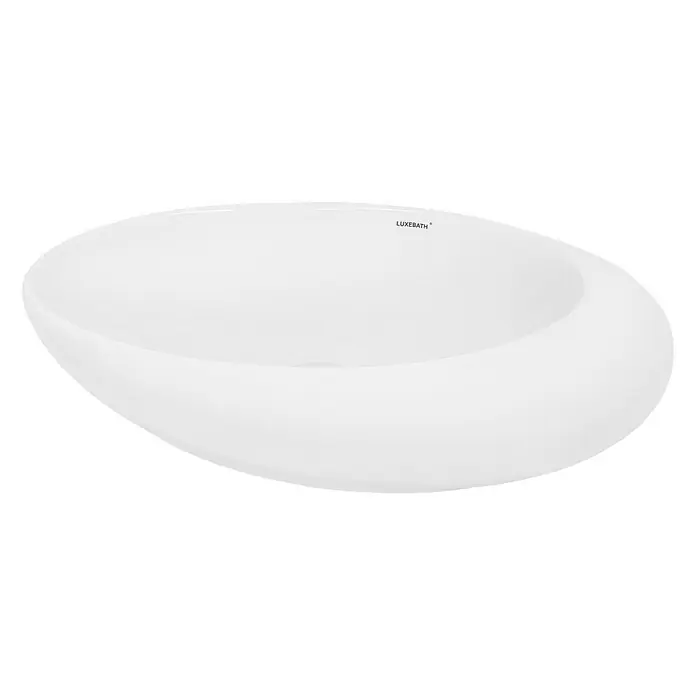 LuxeBath Aufsatzwaschbecken Waschschale Oval Weiß Spülbecken Aufsatzwaschtisch - Ohne Spezialglasur, Weiß - Nahaufnahme eines weißen LUXEBATH Aufsatzwaschbecken mit rundem Design, das eine elegante Badezimmerausstattung darstellt.