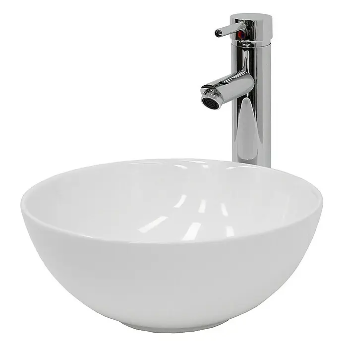 LuxeBath Aufsatzwaschbecken Aufsatzwaschtisch Spülbecken inkl. Ablaufgarnitur ohne Überlauf Becken - Ohne Spezialglasur, Weiß - Eine Nahaufnahme eines modernen Waschbeckens mit einem eleganten Chromwasserhahn, das Design für jedes Badezimmer aufwertet.