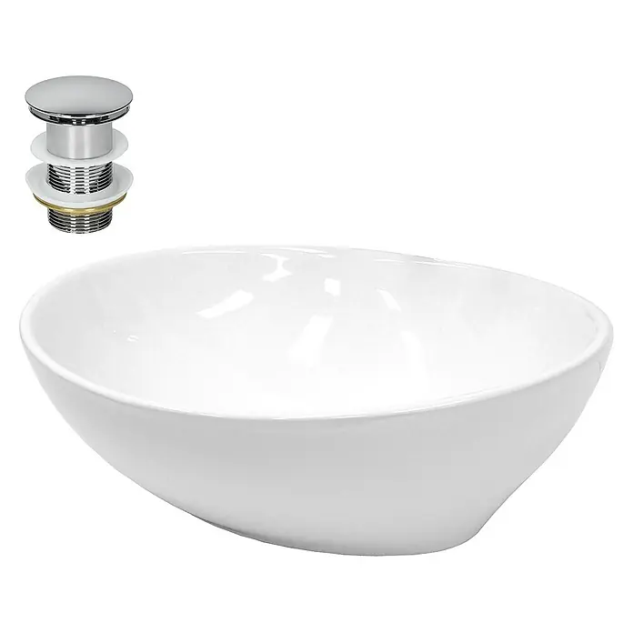 LuxeBath Aufsatzwaschbecken Waschschale Aufsatzwaschtisch Weiß inkl. Ablaufgarnitur ohne Überlauf - 33 x 41 cm, Ohne Spezialglasur, Weiß, Silber - Modernes, ovales Aufsatzwaschbecken in Weiß mit verchromtem Ablaufventil. Das Becken besticht durch sein elegantes Design und die hochwertige Verarbeitung.