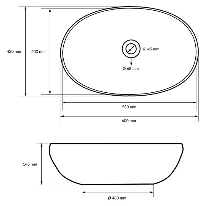 LuxeBath Aufsatzwaschbecken 600x420x145 mm Ablaufgarnitur Chrom - Ohne Spezialglasur, Weiß - Technische Zeichnung eines ovalen Waschbeckens mit Maßangaben zu Durchmesser, Höhe und Positionierung des Abflusses.