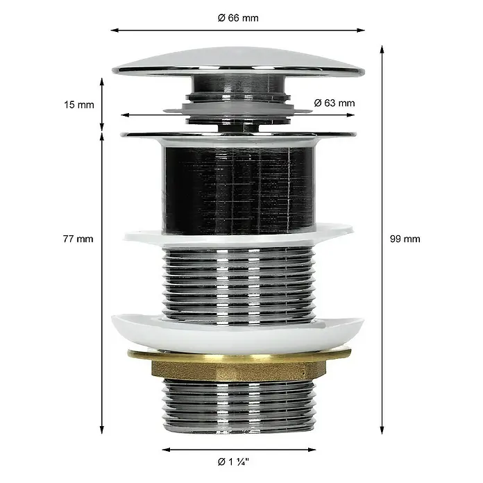 LuxeBath Aufsatzwaschbecken 600x420x145 mm Ablaufgarnitur Chrom - Ohne Spezialglasur, Weiß - Abbildung eines Waschbeckenstöpsels mit Größenangaben wie Durchmesser und Höhe in Millimetern.