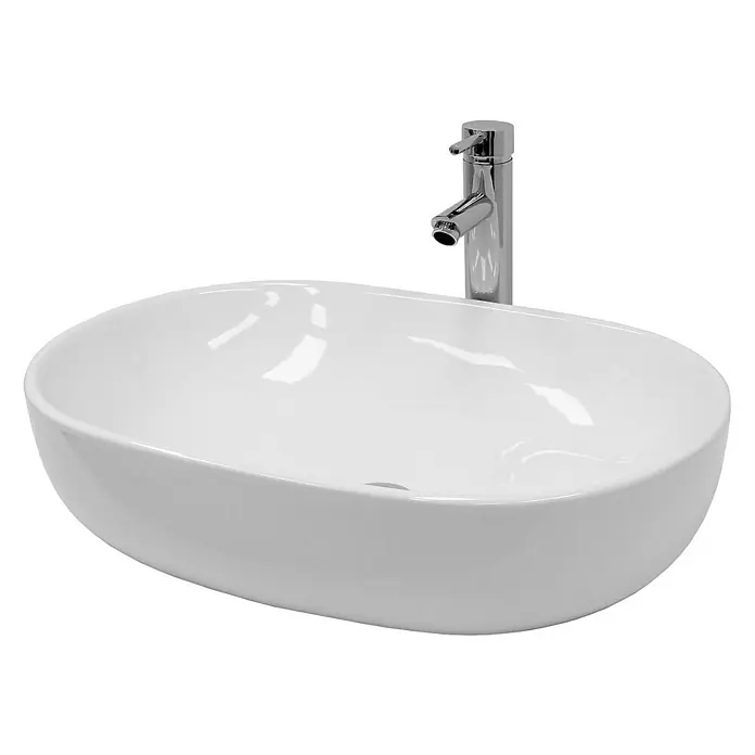 LuxeBath Aufsatzwaschbecken 600x420x145 mm Ablaufgarnitur Chrom - Ohne Spezialglasur, Weiß - Elegantes ovales Aufsatzwaschbecken mit modernem Wasserhahn. Die perfekte Ergänzung für jedes Badezimmer.