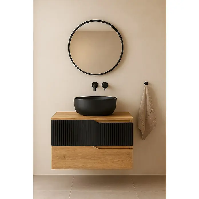 Futurbath Mueble de lavabo Marina - L x An x Al: 45 x 80 x 55 cm, Roble/Negro, Melamina - Un mueble de baño con lavabo negro, espejo redondo y toalla en la pared.