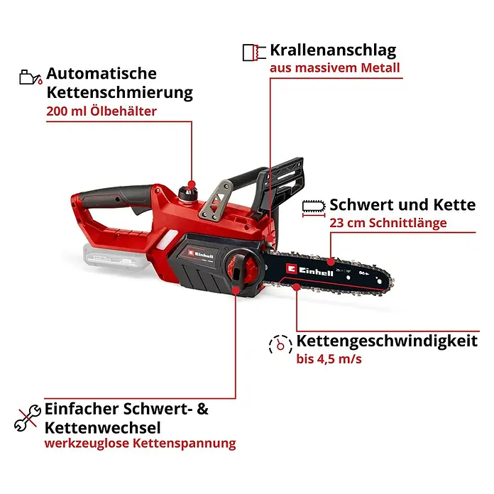 Einhell Power X-Change 18V Akku-Kettensäge GE-LC 18/25 Li-Solo - 18 V, Ohne Akku, Schwertlänge: 25 cm - Abbildung einer Einhell Akku-Kettensäge mit Hinweisen zu Kettenschmierung, Krallenanschlag, Schwert, Kette, Kettengeschwindigkeit und Kettenwechsel.