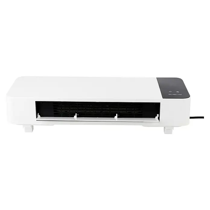 Voltomat HEATING Calefactor de pared PTC-3028L-E - 2.000 W, Blanco, 11 x 50 x 15,6 cm - Primer plano de un purificador de aire Emerio blanco con rejillas de ventilación negras y panel de control. El dispositivo está sobre una superficie blanca.