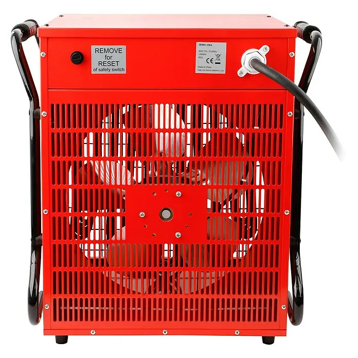 Voltomat HEATING Bauheizer mit CEE-Stecker - 15.000 W, Nennspannung: 400 V, Rot/Schwarz, IP24 - Rückansicht einer roten Elektroheizung mit Lüftergitter, Stecker und Hinweisen zum Entfernen/Zurücksetzen des Sicherheitsschalters.