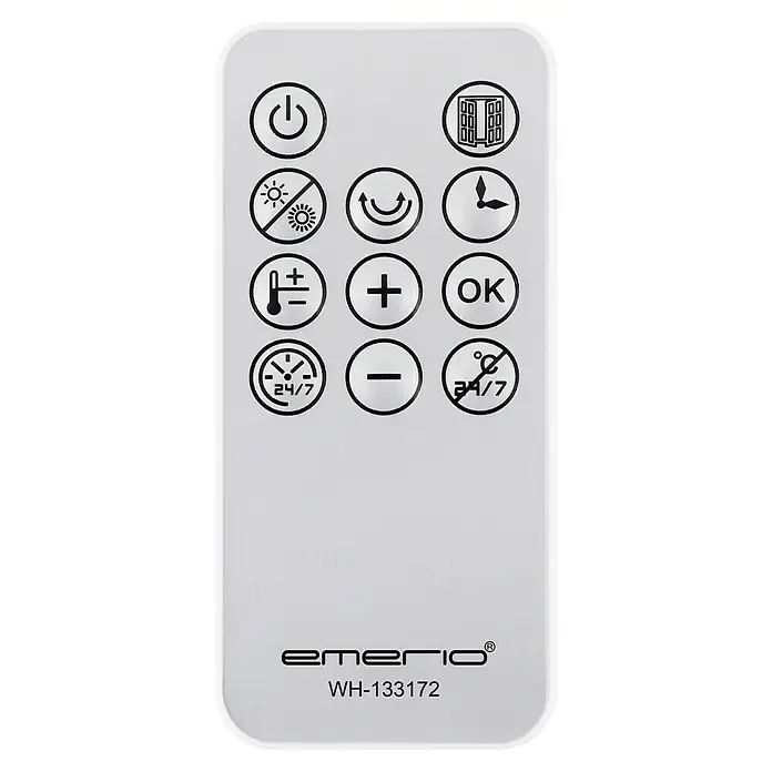 Voltomat HEATING Calefactor de pared PTC-3028L-E - 2.000 W, Blanco, 11 x 50 x 15,6 cm - Primer plano de un mando a distancia blanco Emerio WH-133172 con varios símbolos y texto en negro para diferentes funciones.