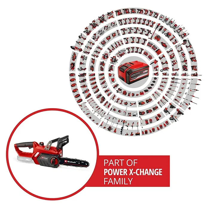 Einhell Power X-Change 18V Akku-Kettensäge GE-LC 18/25 Li-Solo - 18 V, Ohne Akku, Schwertlänge: 25 cm - Abbildung einer Einhell Akku-Kettensäge, Teil der Power X-Change Familie, umgeben von anderen Werkzeugen.