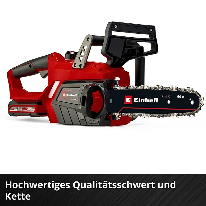 Einhell Power X-Change 18V Akku-Kettensäge GE-LC 18/25 Li-Solo - 18 V, Ohne Akku, Schwertlänge: 25 cm - Eine rote Akku-Kettensäge der Marke Einhell.