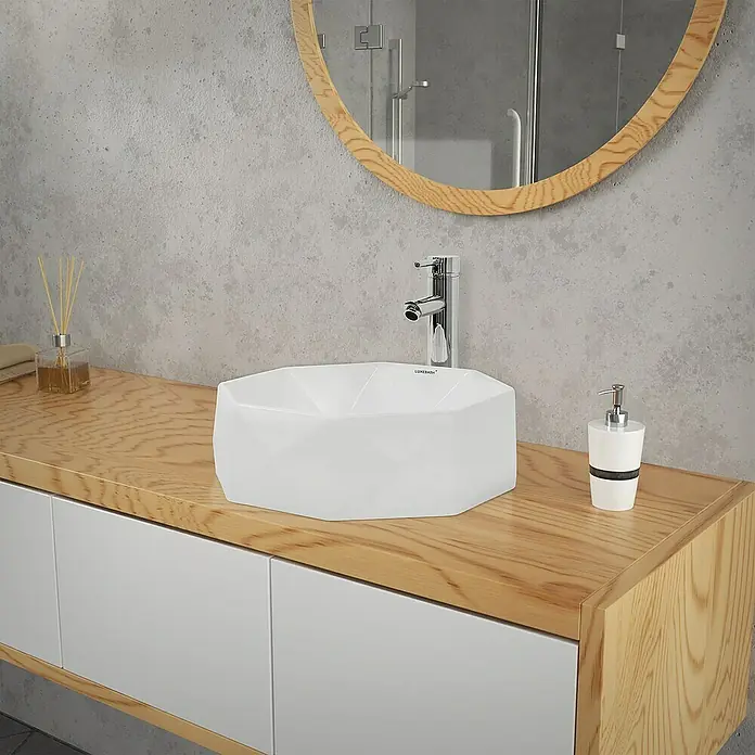 LuxeBath Aufsatzwaschbecken Handwaschbecken inkl. Ablaufgarnitur ohne Überlauf für Gäste-WC - Ohne Spezialglasur, Weiß - Elegantes Badezimmerwaschbecken aus weißer Keramik mit modernem Design, ergänzt durch eine stilvolle Armatur und einen Seifenspender.