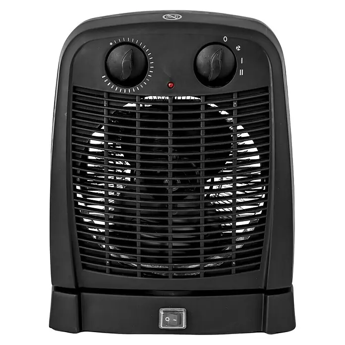 Emerio Heizlüfter Swing - 1.000 W - 2.000 W, Raumgröße bis ca. 25 m², Schwarz/Grau - Nahaufnahme einer schwarzen, tragbaren Heizung mit zwei Drehknöpfen zur Temperatur- und Gebläseregulierung.