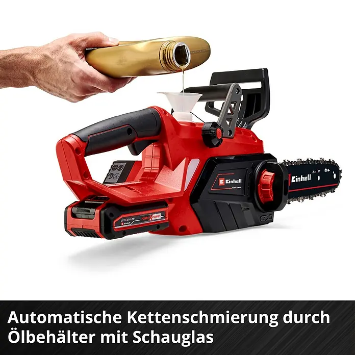 Einhell Power X-Change 18V Akku-Kettensäge GE-LC 18/25 Li-Solo - 18 V, Ohne Akku, Schwertlänge: 25 cm - Automatisches Kettenschmieren durch Ölbehälter mit Schauglas. Die Einhell Akku-Kettensäge ist ein praktisches Werkzeug für Gartenarbeiten.