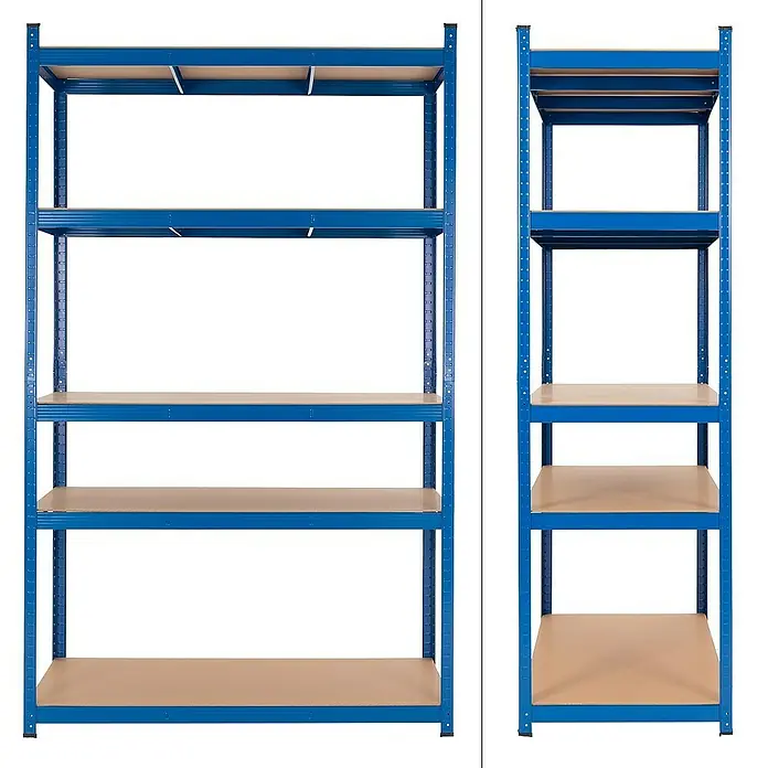 ECD Germany Schwerlastregal Regalsystem bis 875kg Werkstattregal Metall / MDF Blau - H x B x T: 200 x 100 x 60 cm, Traglast pro Boden: 175 kg, Anzahl Böden: 5 Stk., Stecken, Silber - Ansicht von zwei blauen Metallregalen mit Holzregalböden in verschiedenen Größen für Lagerung & Organisation.